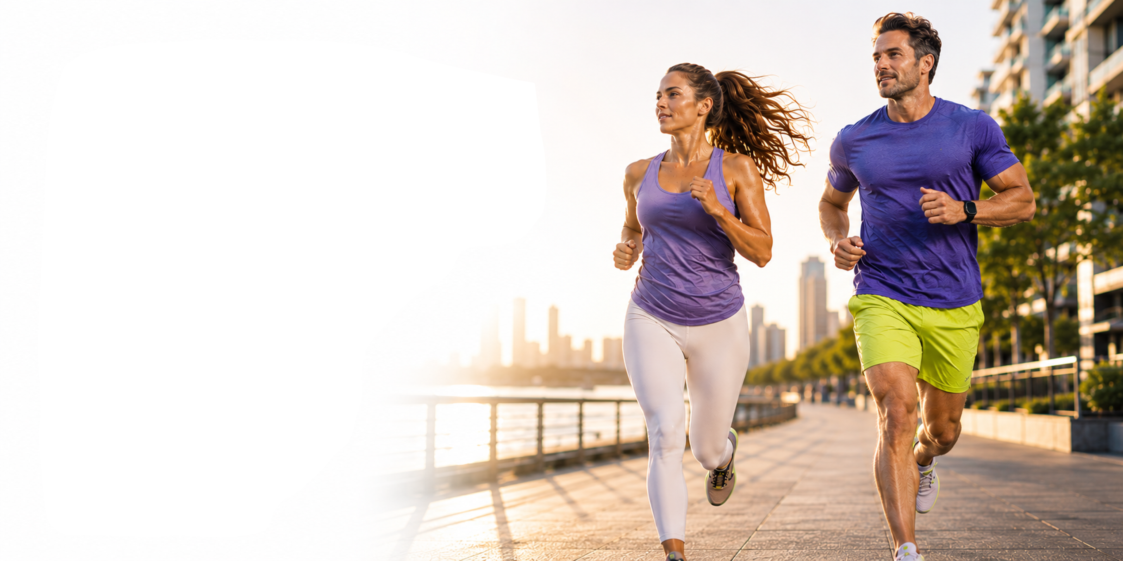 Two athletes running along a waterfront at sunset