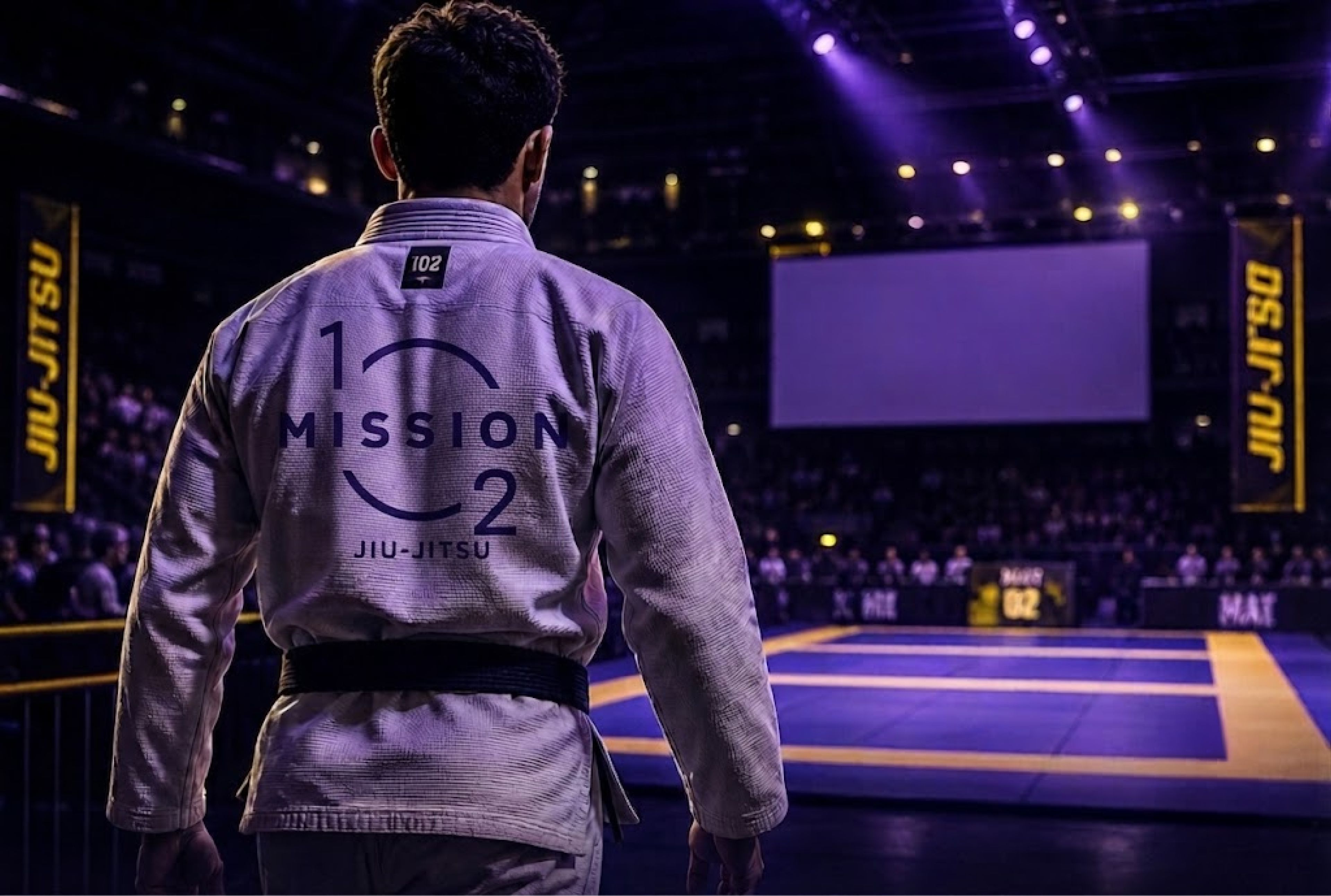 An athlete in a Mission 1o2 gi walking out to the mat