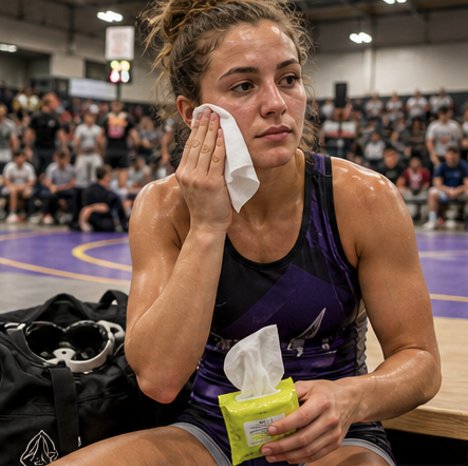 A wrestler wiping her face between matches at a tournament