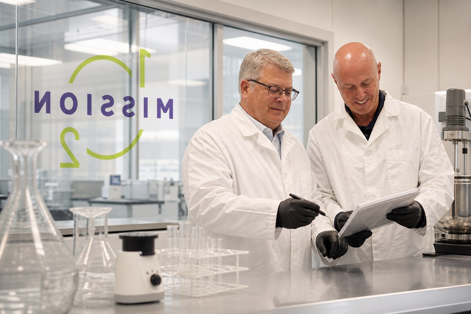 Two Mission 1o2 scientists reviewing results in the lab